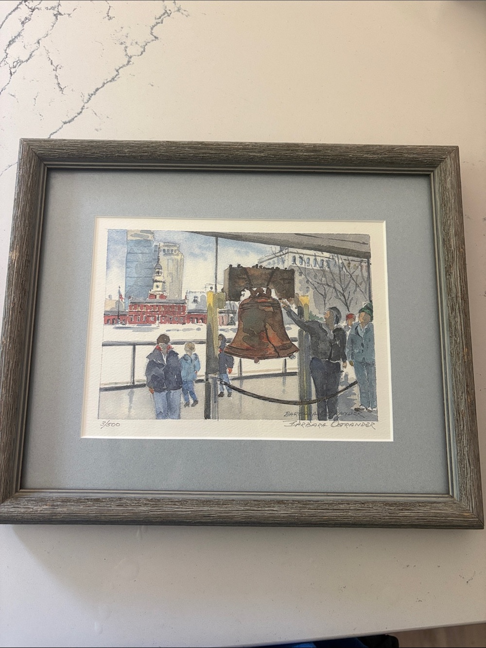 Framed Liberty Bell Watercolor Print in Gray